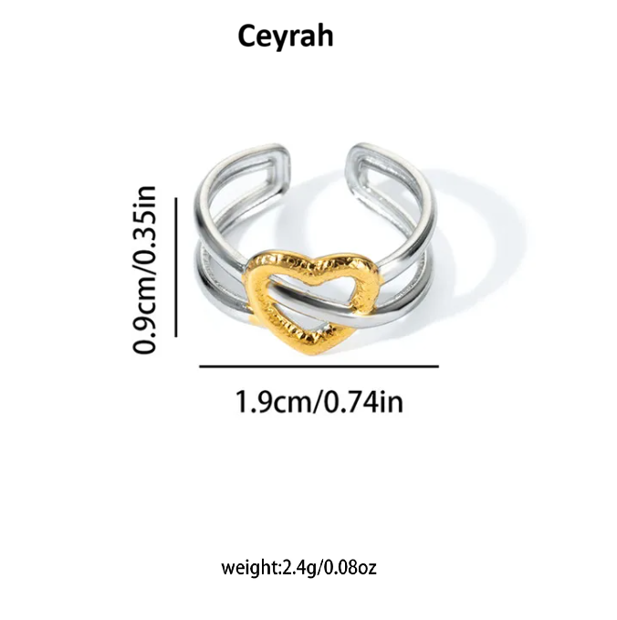 Gold & Silver Heart Adjustable Ring with a heart design, showing dimensions of 1.9cm width and 0.