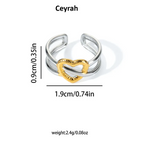 Gold & Silver Heart Adjustable Ring with a heart design, showing dimensions of 1.9cm width and 0.