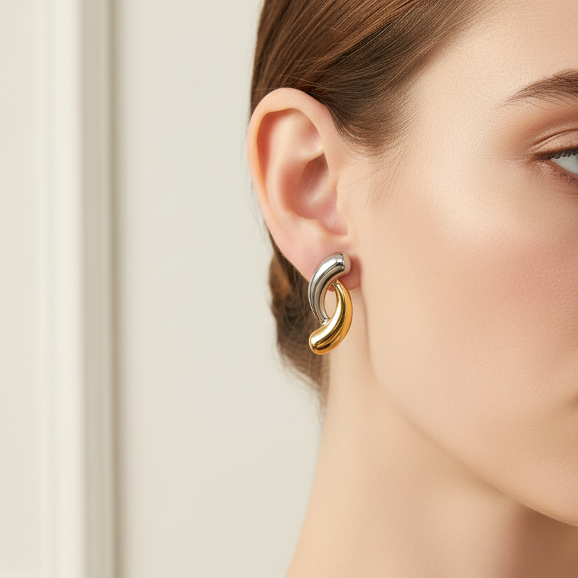 A close-up of a model's ear wearing a Gold & Silver Intertwined Stud Earrings in polished silver and gold metals, set against a soft, neutral cream background.