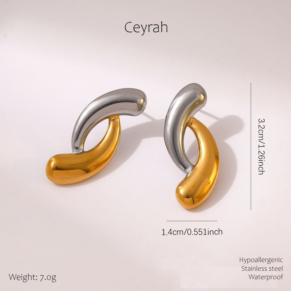 A pair of Gold & Silver Intertwined Stud Earrings, displayed on a light beige background with dimension lines and text indicating measurements and weight.