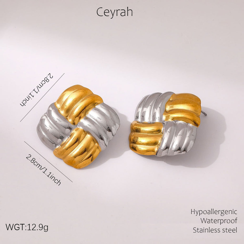 Gold & Silver Interwoven Square Stud Earrings on plain background