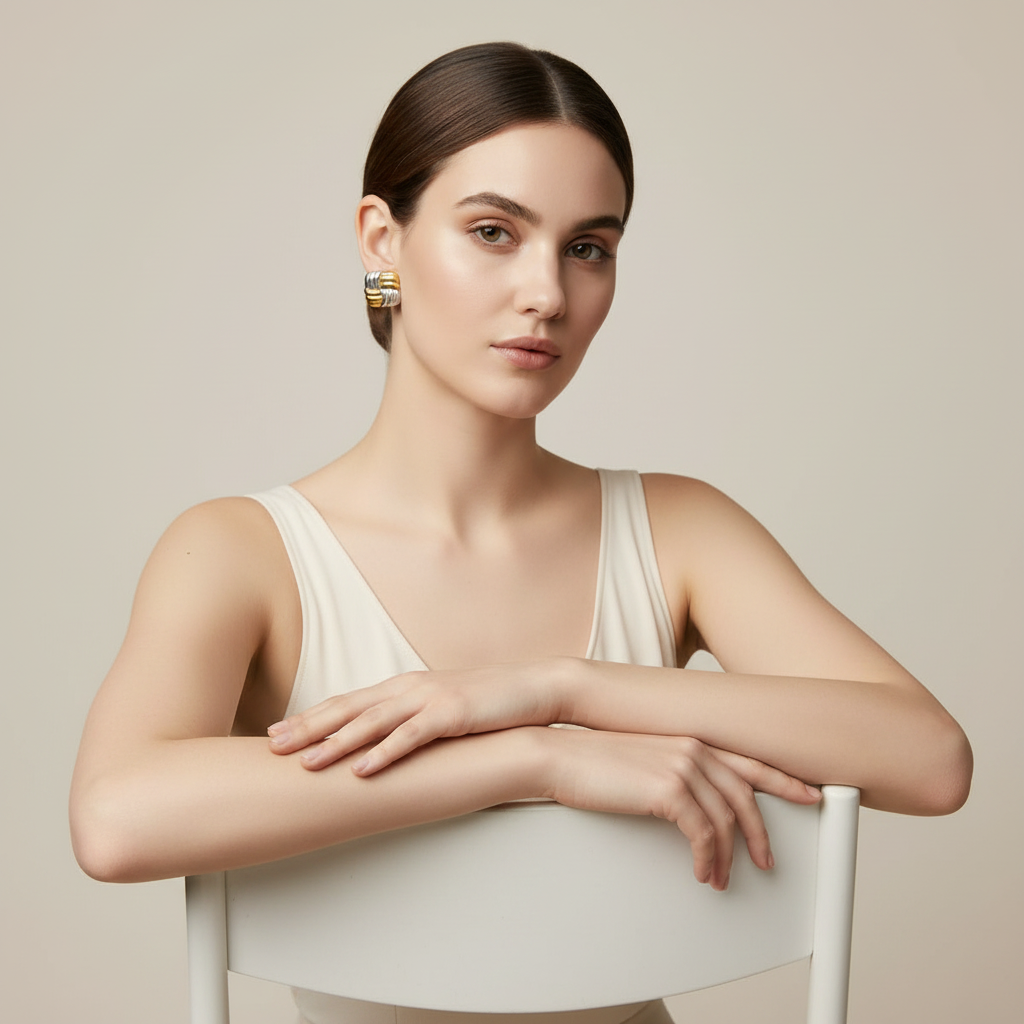 A woman with dark hair pulled back sits on a white chair, wearing a cream-colored ribbed tank top and a chunky gold geometric earring. The background is a solid, warm beige studio backdrop.