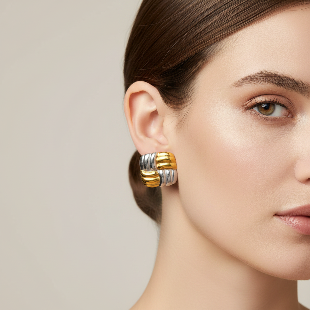 A close-up of a model's ear wearing a chunky, multi-strand hoop earring with alternating polished gold and silver bands, set against a soft beige background.