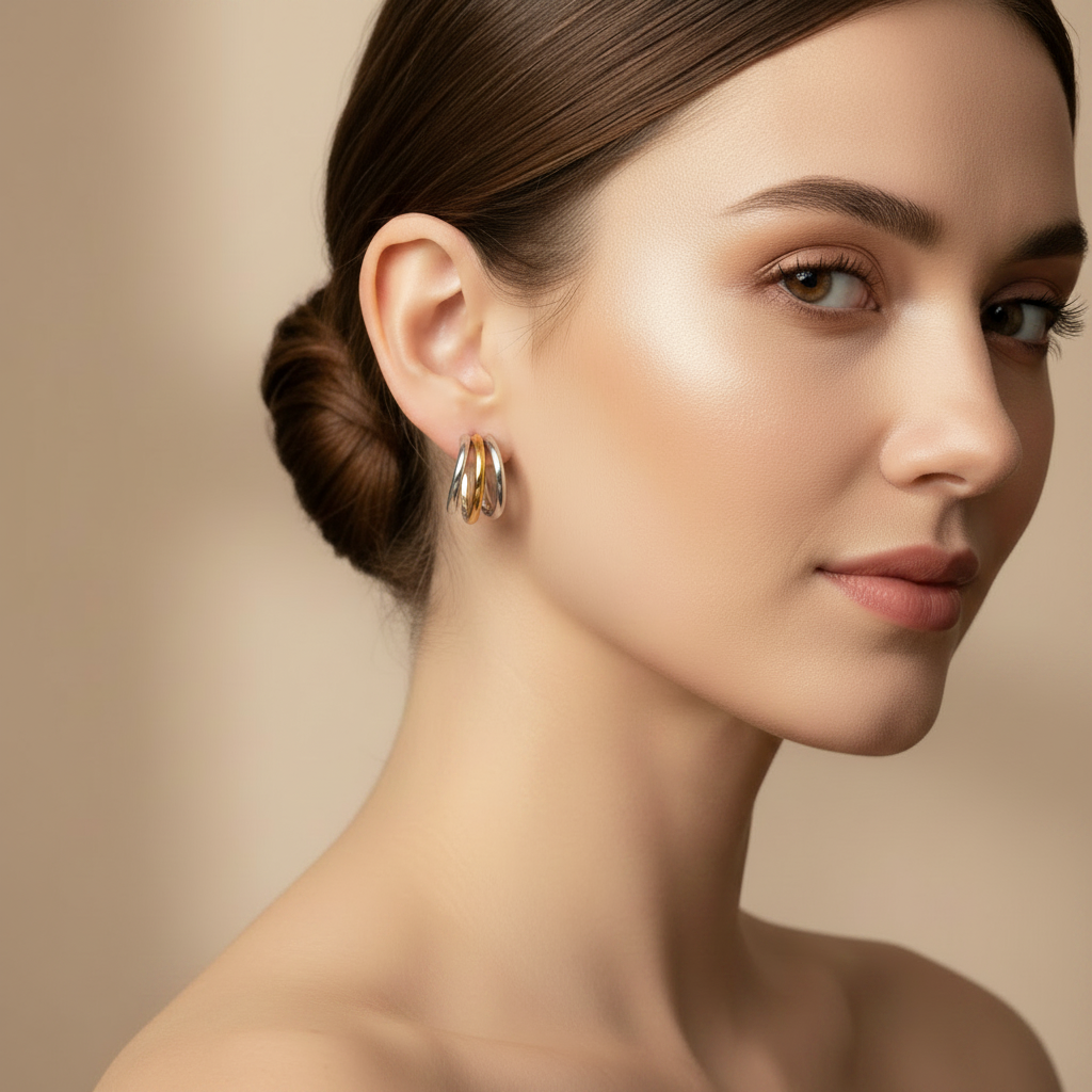 A close-up portrait of a woman wearing a pair of Gold & Silver Layered Hoop Stud Earrings with layered curved bands, set against a soft beige background.