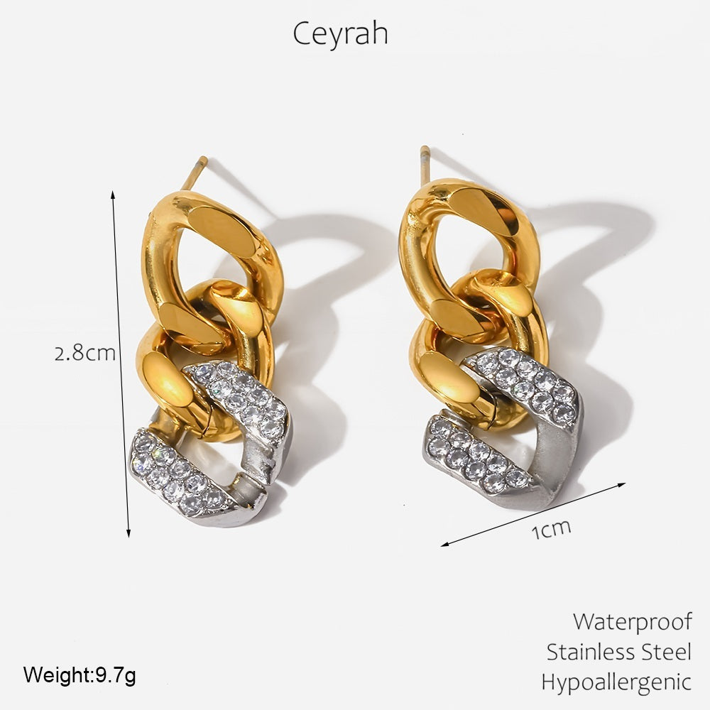 Gold & Silver Pavé Chain Link Earrings with measurements