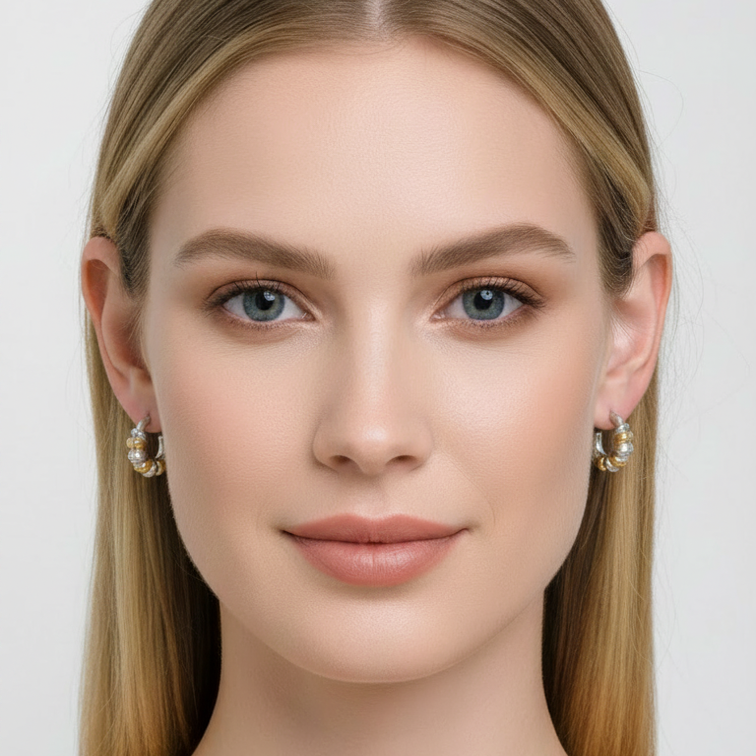 A close-up portrait of a woman with blonde hair wearing Gold & Silver Segmented Hoop Earrings, set against a clean light gray background.