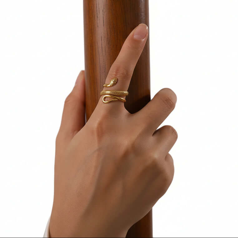Gold Snake Wrap Adjustable Ring on model