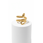 Gold Snake Wrap Adjustable Ring on white pedestal