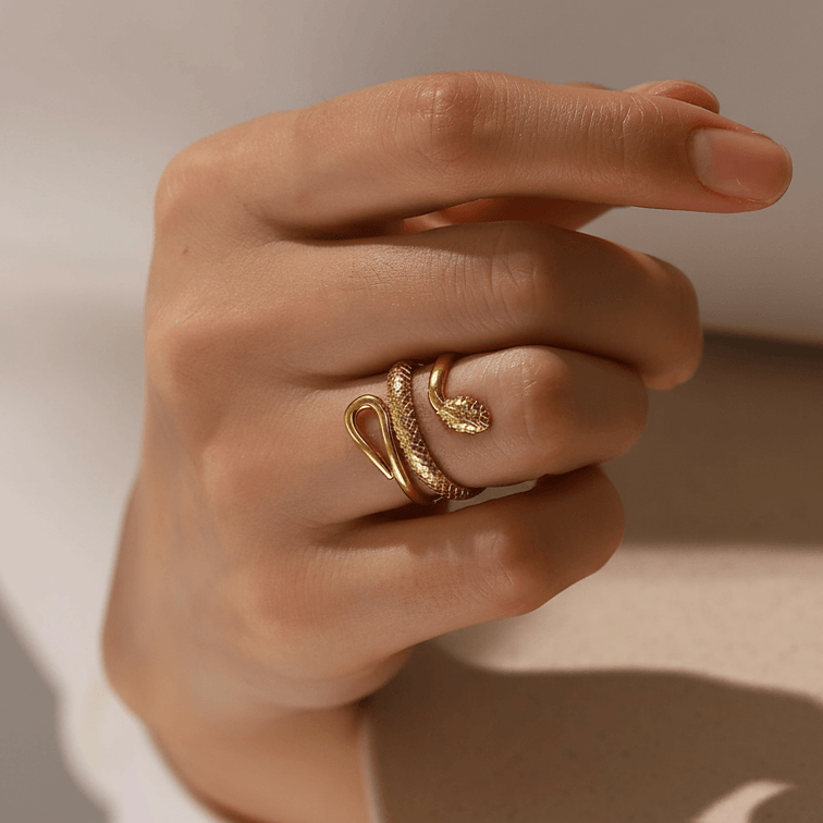 Gold Snake Wrap Adjustable Ring on model