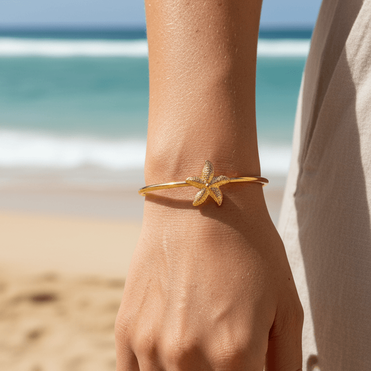 Gold Starfish Bangle Bracelet on women hand
