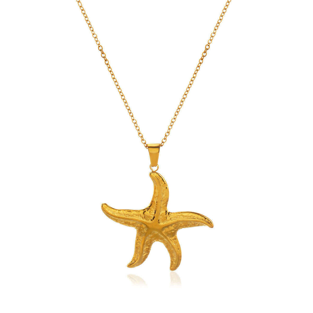 Gold Starfish Pendant Necklace on a chain against a white background