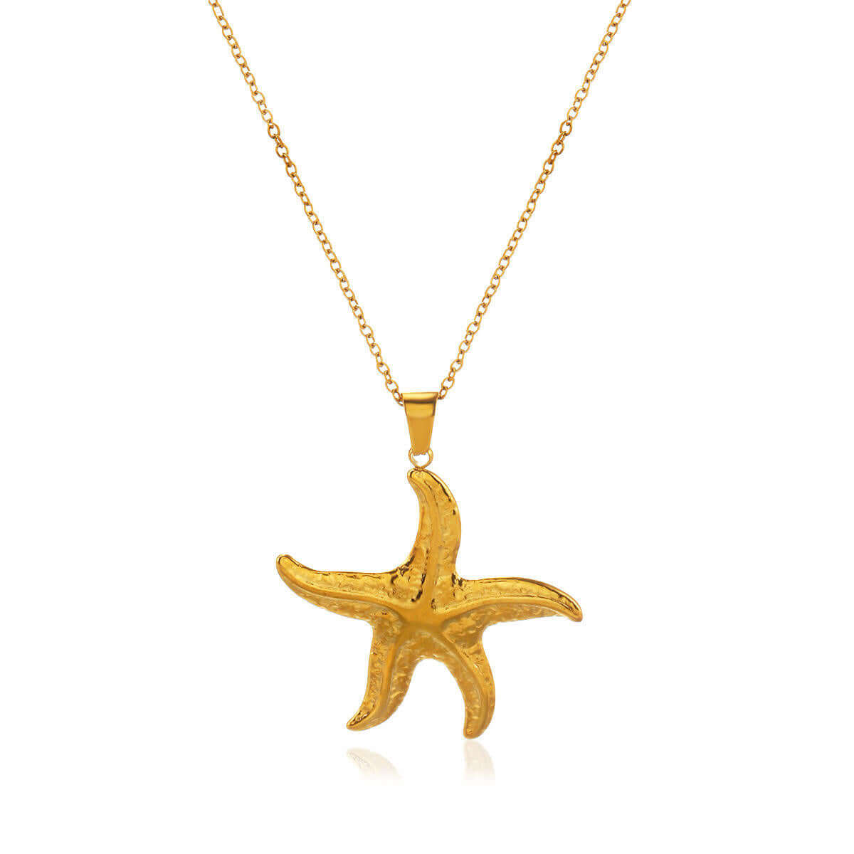 Gold Starfish Pendant Necklace on a chain against a white background
