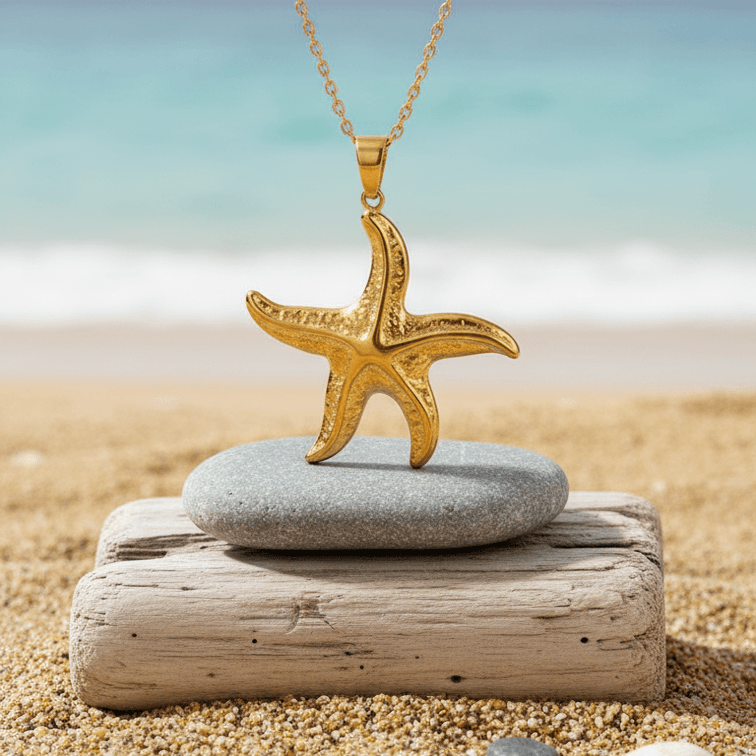 Gold Starfish Pendant Necklace on a stone with a beach background
