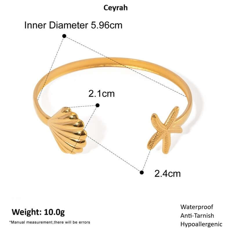 Gold Starfish & Shell Bangle Bracelet with shell and starfish designs, showing measurements and properties on a white background.