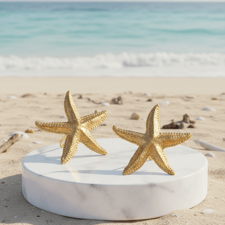 Gold starfish on a white platform with a beach background