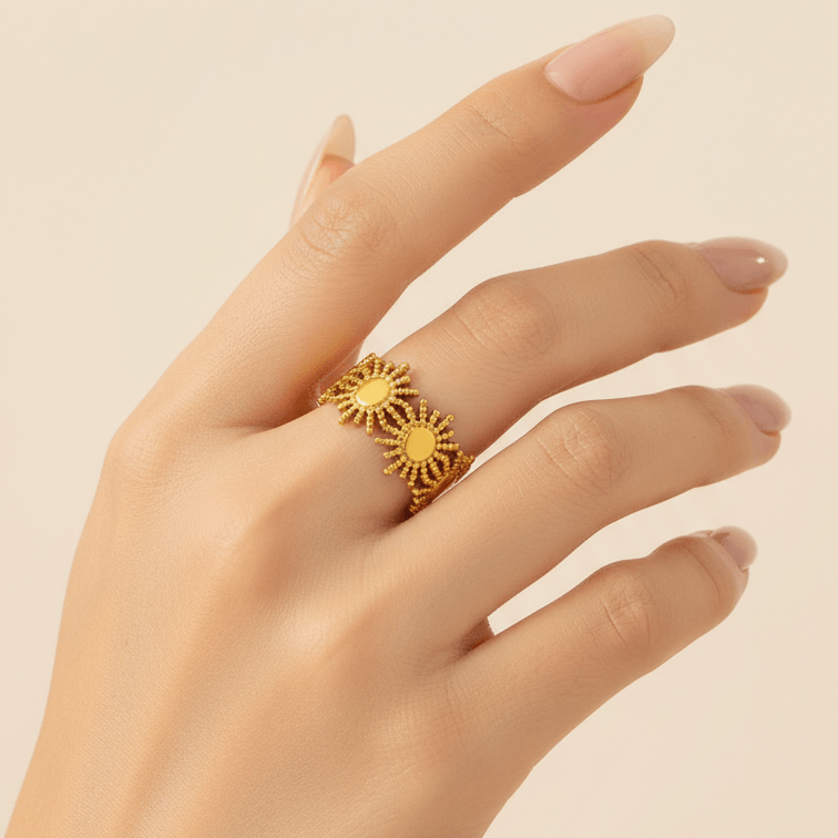 Gold Sunburst Adjustable Ring on model finger