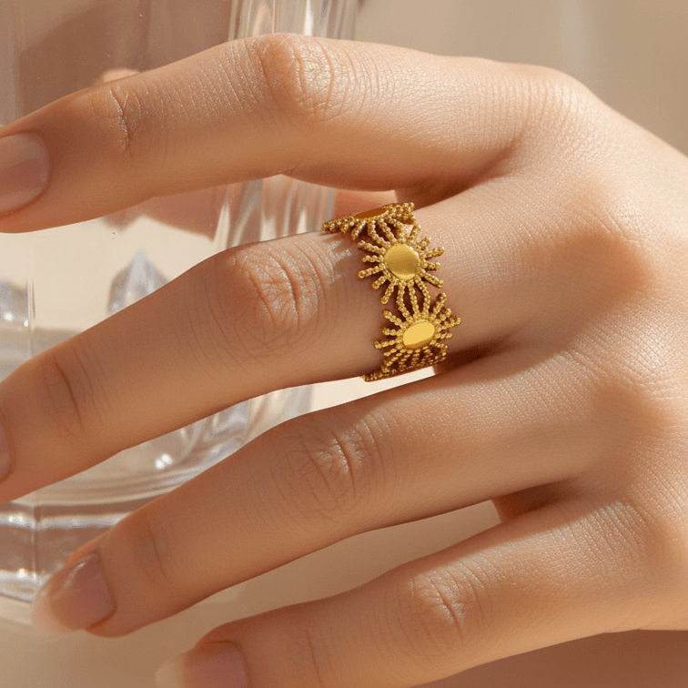Gold Sunburst Adjustable Ring with model