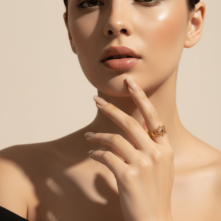 Woman wearing a Gold Sunburst Adjustable Ring on her finger against a beige background