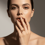 Woman with a Gold Sunburst Adjustable Ring on her finger against a neutral background