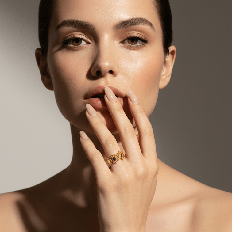 Woman with a Gold Sunburst Adjustable Ring on her finger against a neutral background