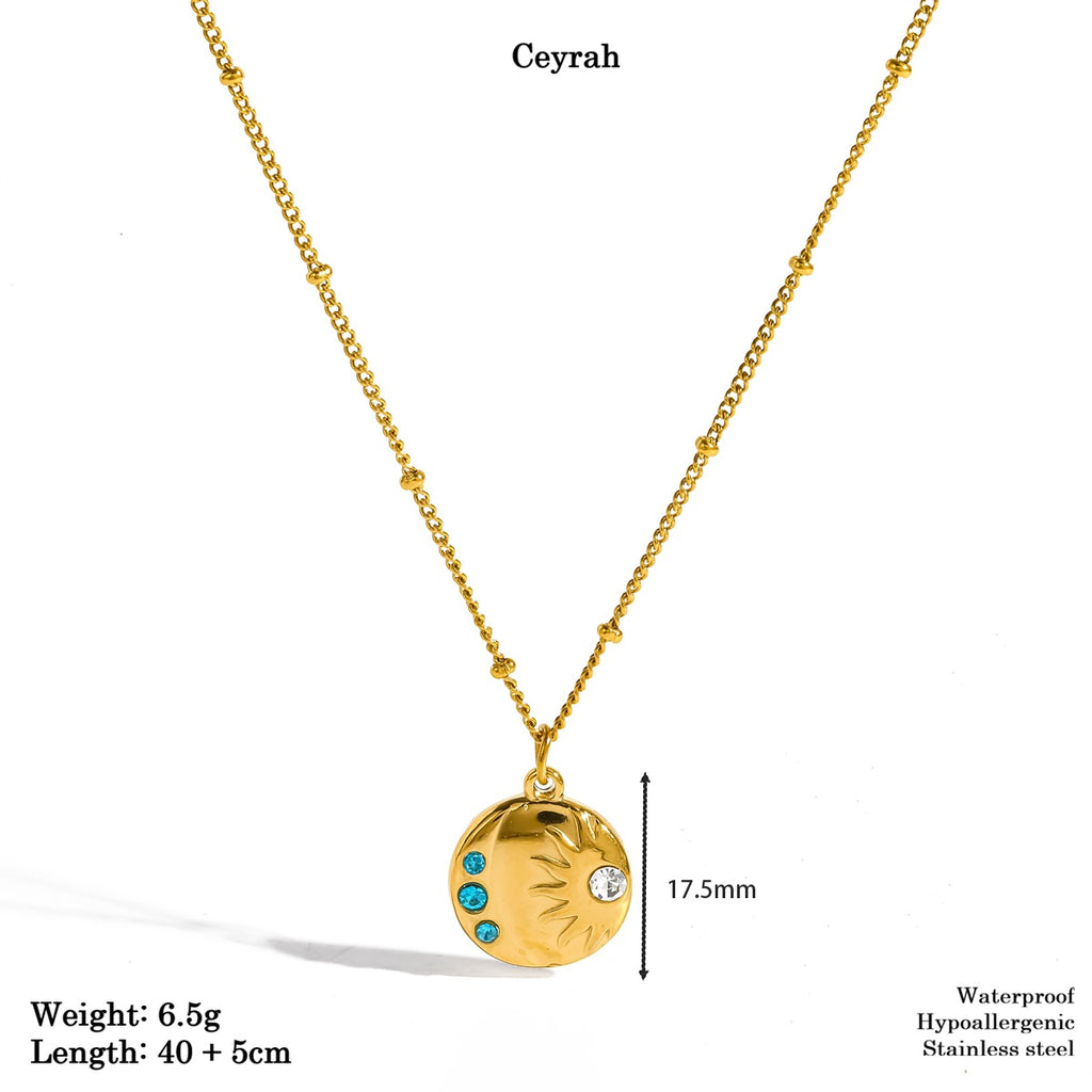 Gold Sunburst Gemstone Necklace  featuring text overlays with product specifications and dimensions.
