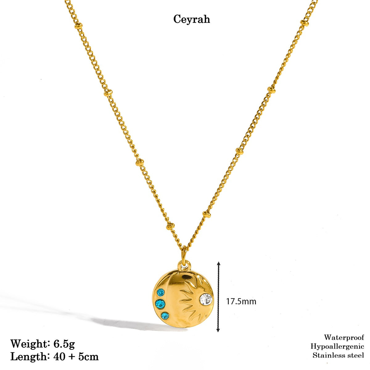 Gold Sunburst Gemstone Necklace  featuring text overlays with product specifications and dimensions.