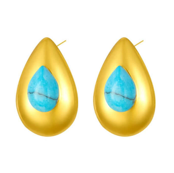 Gold Teardrop Earrings with Blue Stone featuring a vibrant blue stone and a shiny gold finish.