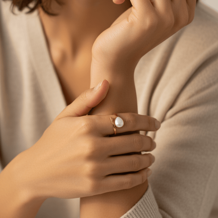 Gold Teardrop Wrap Ring worn on a model's hand, featuring a smooth white teardrop center and a polished gold-tone frame.