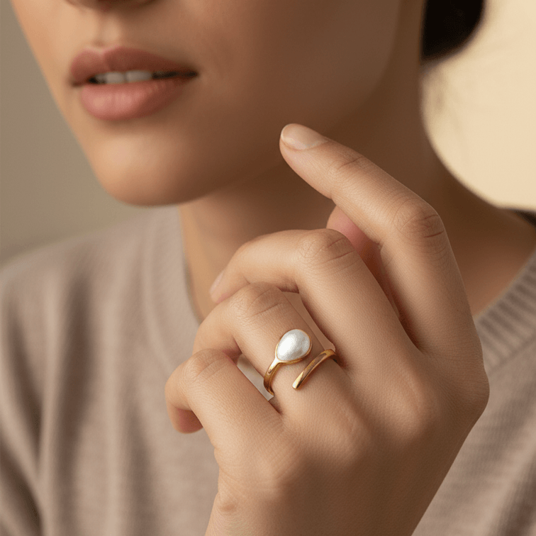 Model wearing a Gold Teardrop Wrap Ring showcasing its elegant design and smooth white teardrop center.