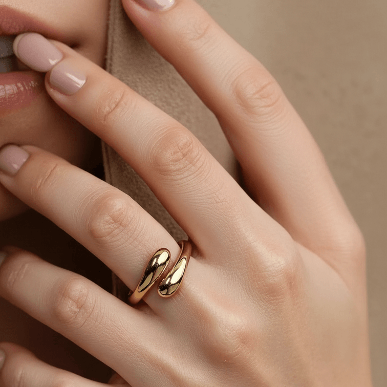 Gold Teardrop Sculptural Ring on model