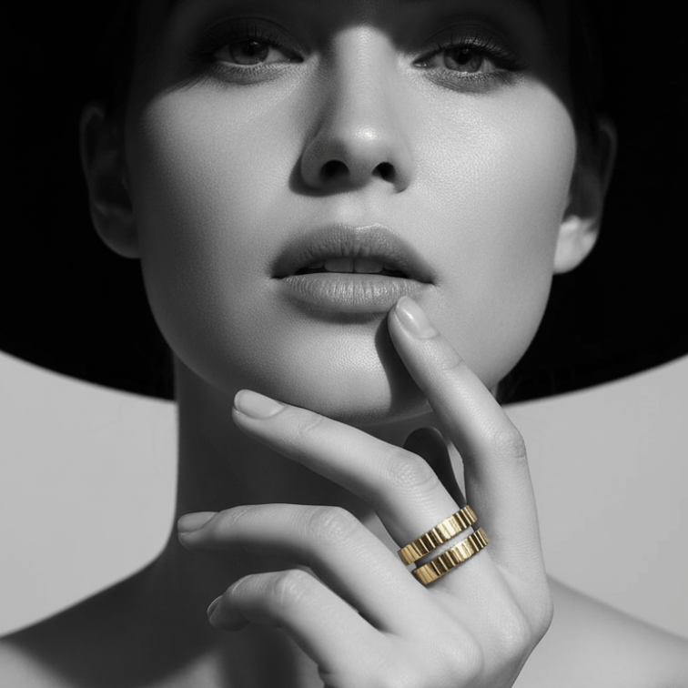 Gold Textured Double Band Ring worn by a model, showcasing its unique textured design and modern elegance.
