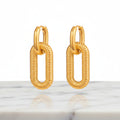 A pair of Gold Textured Oval Link Hoop Earrings shown on a plain white background.