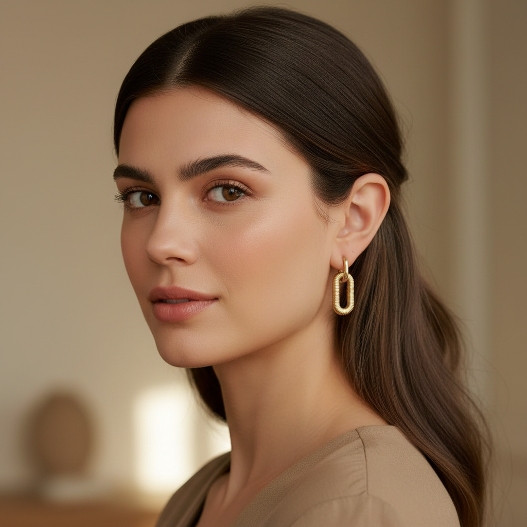 A close-up portrait of a woman with dark brown hair wearing a single Gold Textured Oval Link Hoop Earrings, set against a soft beige background.