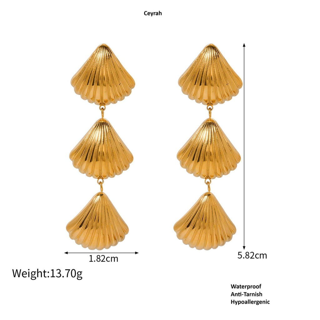 Gold Tiered Seashell Earrings with measurements and product details on a white background