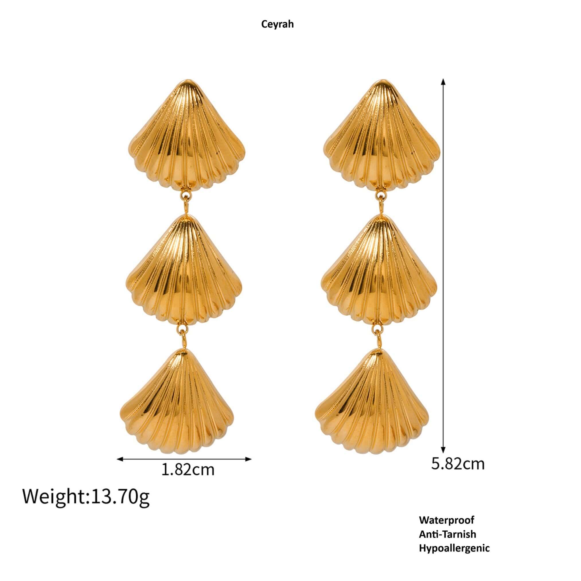 Gold Tiered Seashell Earrings with measurements and product details on a white background