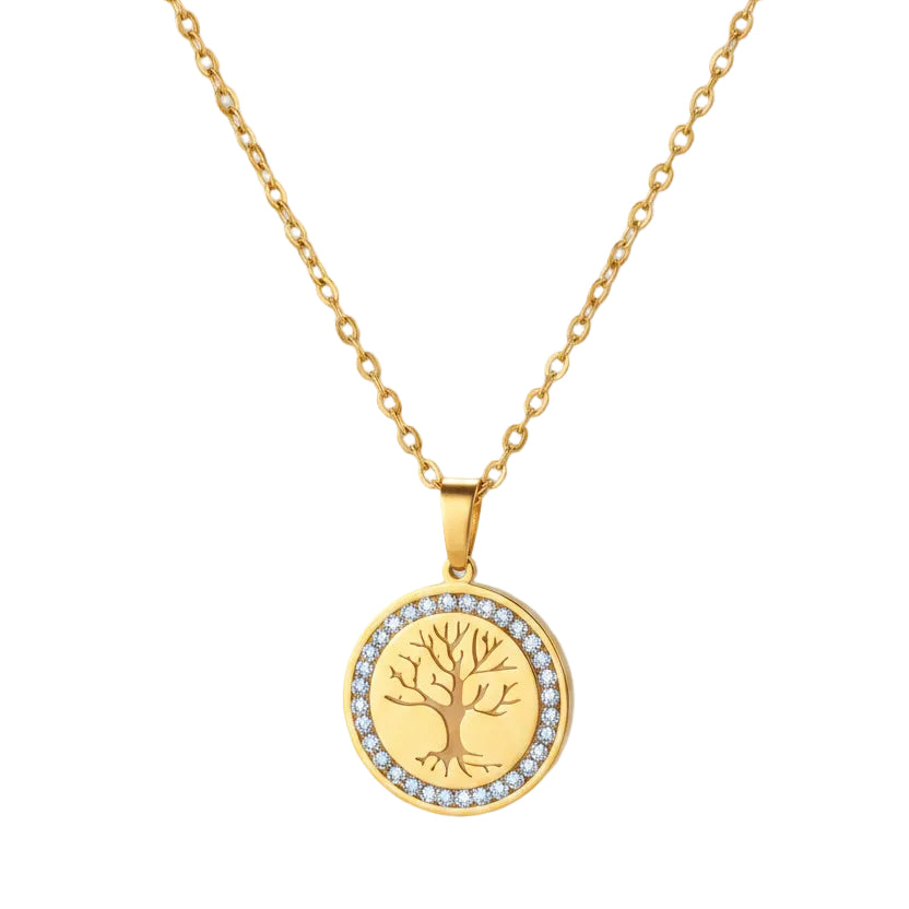 Gold Tree of Life Gemstone Necklace displayed against a warm plain background