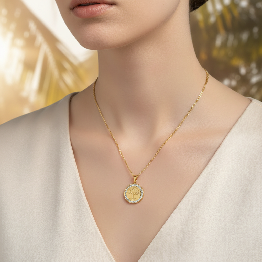 A close-up of a model wearing a delicate gold chain necklace with a circular pendant. The pendant features a gold tree design surrounded by a border of small white stones, set against a soft-focus background with warm golden tones.