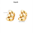 Gold Triple Band Ear Cuff shown on a white background with text labels indicating the size 'Ceyrah' and dimensions 1.7cm / 0.