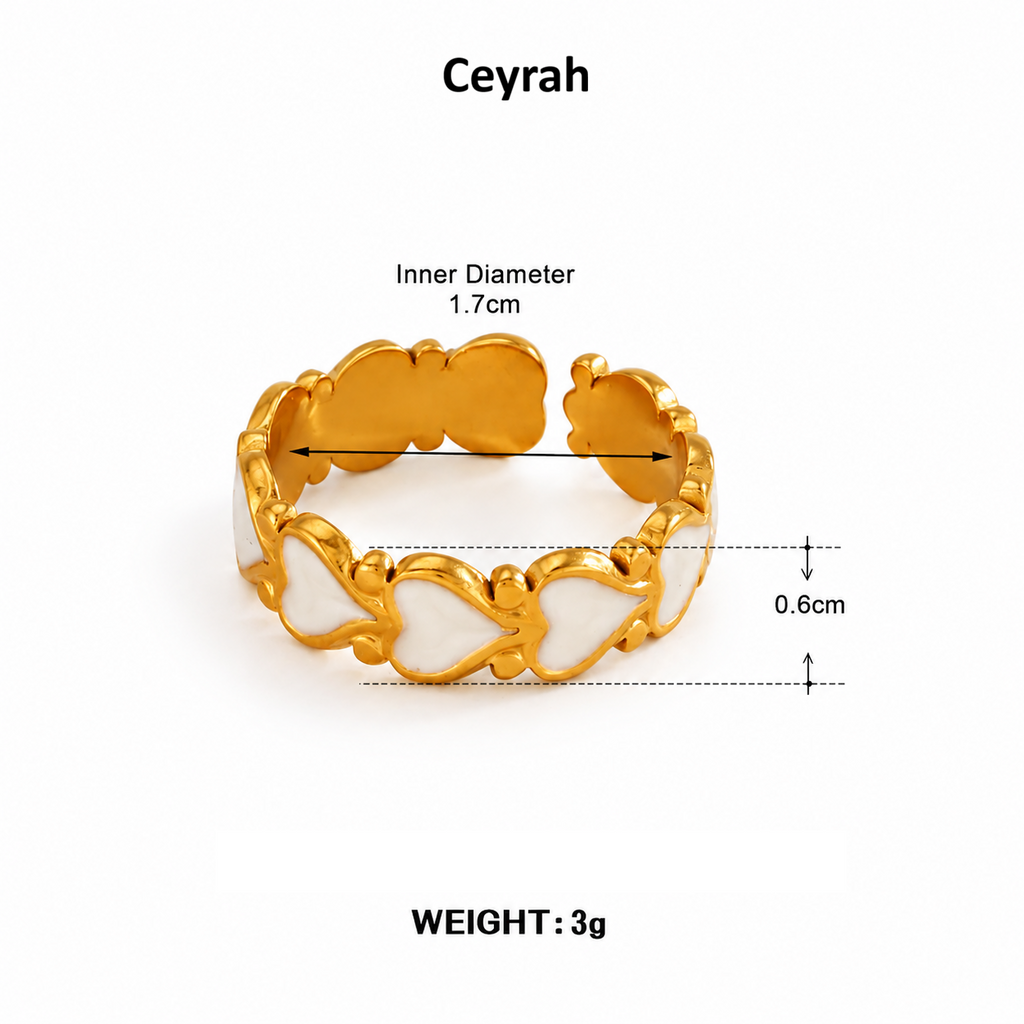Ceyrah Gold White Heart Adjustable Ring with white enamel inlay, shown with measurement annotations for inner diameter 1.7cm and height 0.