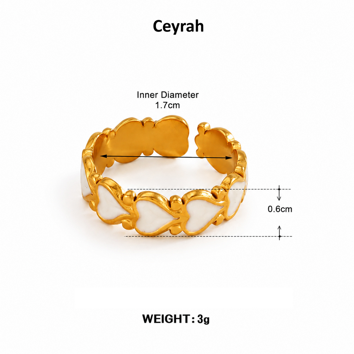Ceyrah Gold White Heart Adjustable Ring with white enamel inlay, shown with measurement annotations for inner diameter 1.7cm and height 0.