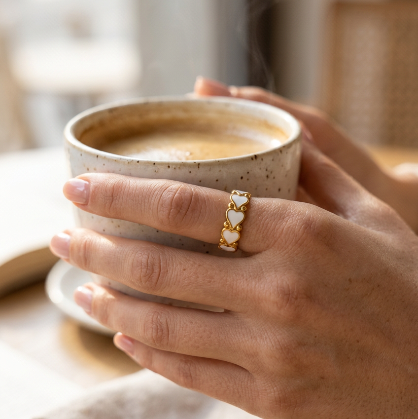 A close-up lifestyle shot of a person's hands holding a ceramic cup of coffee, wearing a Gold White Heart Adjustable Ring with a row of white heart-shaped crystals on the ring finger.