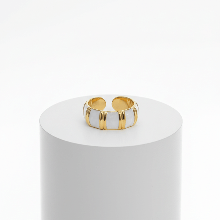 Gold White Inlay Adjustable Ring on pedestal
