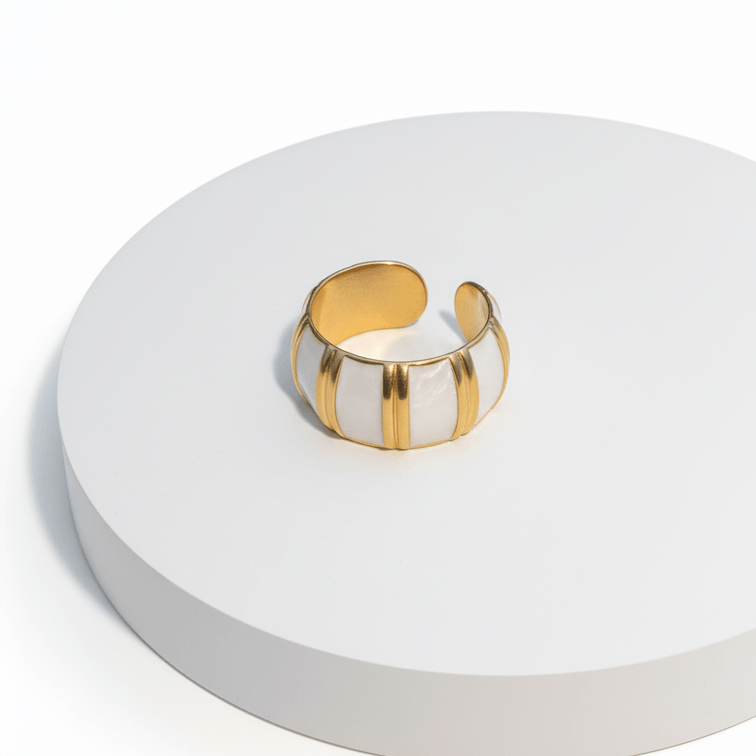 Gold White Inlay Adjustable Ring on a round white platform with a white background