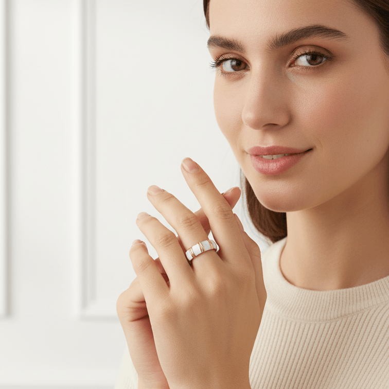 Gold White Inlay Adjustable Ring on model hands