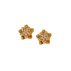 gold floral shaped stud earrings featuring intricately carved petals and luminous white stones for a floral charm.