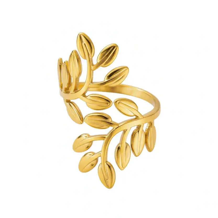 Ceyrah gold leaf-shaped ring with delicate branch design on white background