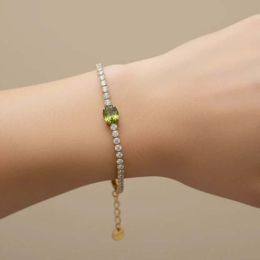 Green Centre Crystal Tennis Bracelet on wrist, Ceyrah jewellery