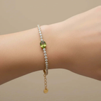 Green Centre Crystal Tennis Bracelet on wrist, Ceyrah jewellery