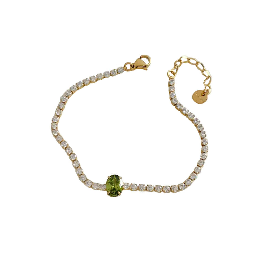 Gold Green Centre Crystal Tennis Bracelet on white background, Ceyrah jewellery
