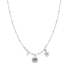 Ceyrah silver necklace with shell, starfish, and crystal charms on fine chain